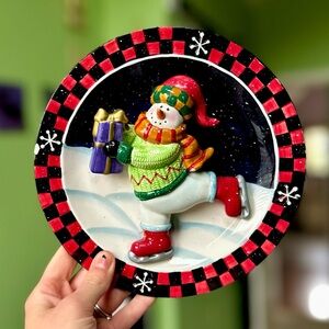 Vintage 3D Winter Snowman Ice Skating Christmas Festive Holiday GANZ Wall Plate